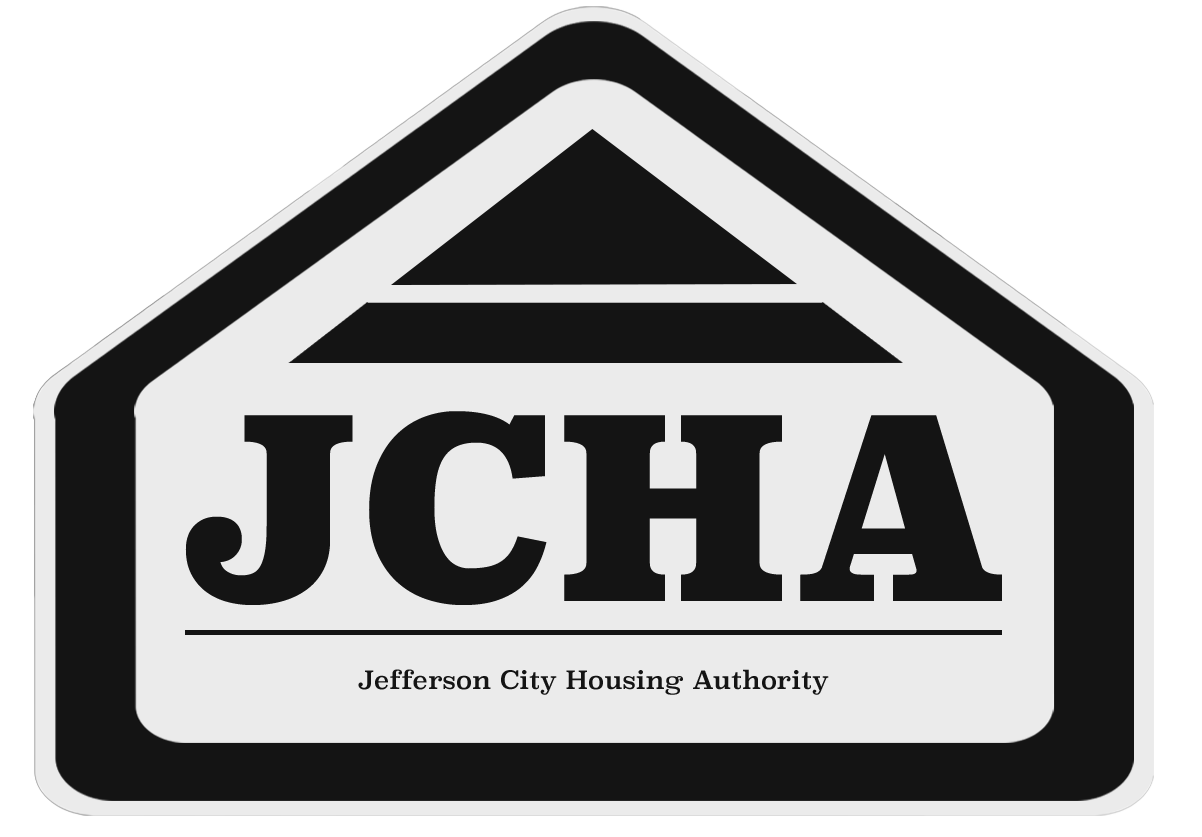 jefferson city housing authority logo. black and white minimalist house image with the letters J C H A in large print and 'jefferson city housing authority' in small print written underneath inside the house. letters are black on white background